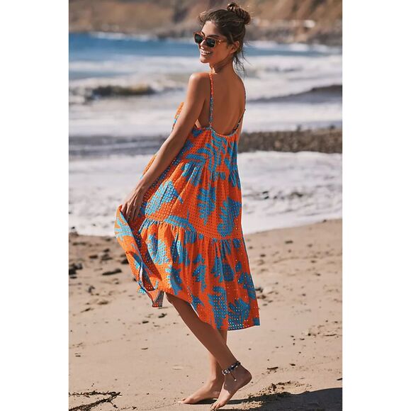 Solid & Striped Eyelet Lace Sundress Orange Blue Cotton Midi Resort Summer S NWT - Picture 1 of 10